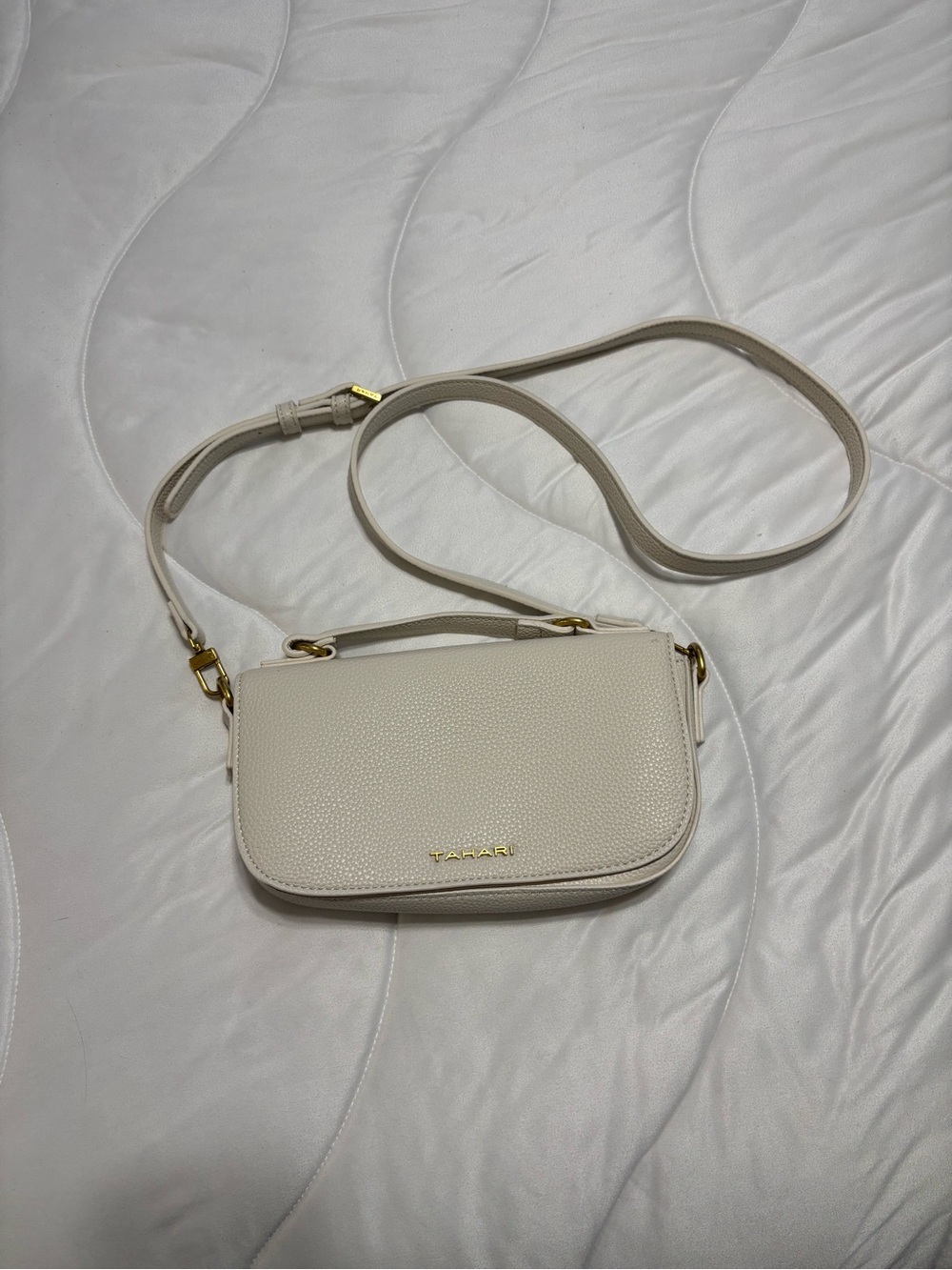 Tahari Cream Leather Crossbody with Gold Hardware